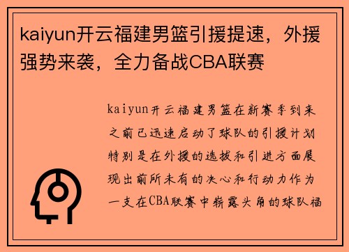 kaiyun开云福建男篮引援提速，外援强势来袭，全力备战CBA联赛